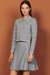Zweiteiliges Minikleid mit gewelltem, gestreiftem Cardigan-Strickrock - Blau
